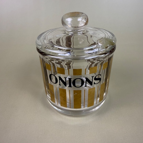 Other - Vintage Glass Canister Jar – “ONIONS” Gold Stripe Retro Kitchen Storage with Lid